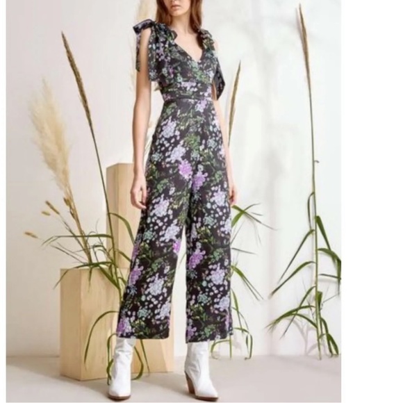 NWT Anthropologie Foxiedox Bow Shoulder Wide Leg Floral Jumpsuit - Picture 3 of 12